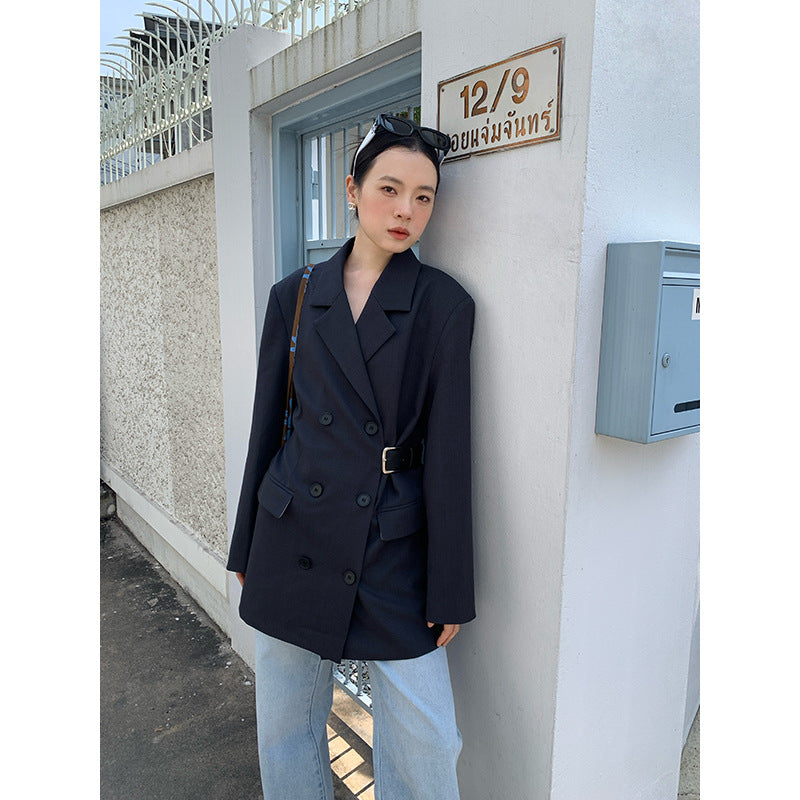 Waist cinched double breasted suit coat