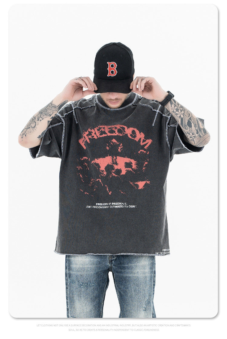 Men's Clothing Reversible Design Letter Print Retro Short Sleeve T-Shirt
