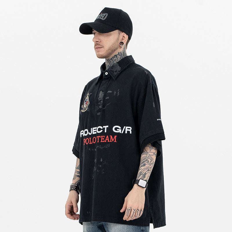 Men's Polo Shirt with Patchwork Badge Letter Embroidery Football
