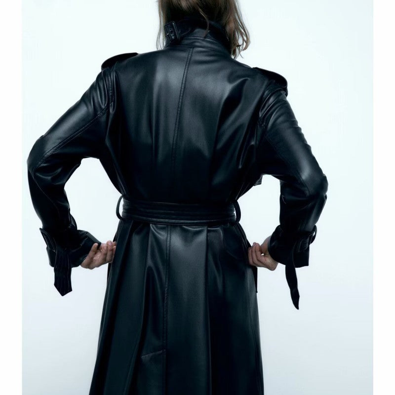 Belted Faux Leather Trench