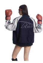 Color Block PU Leather Sleeve Baseball Coat