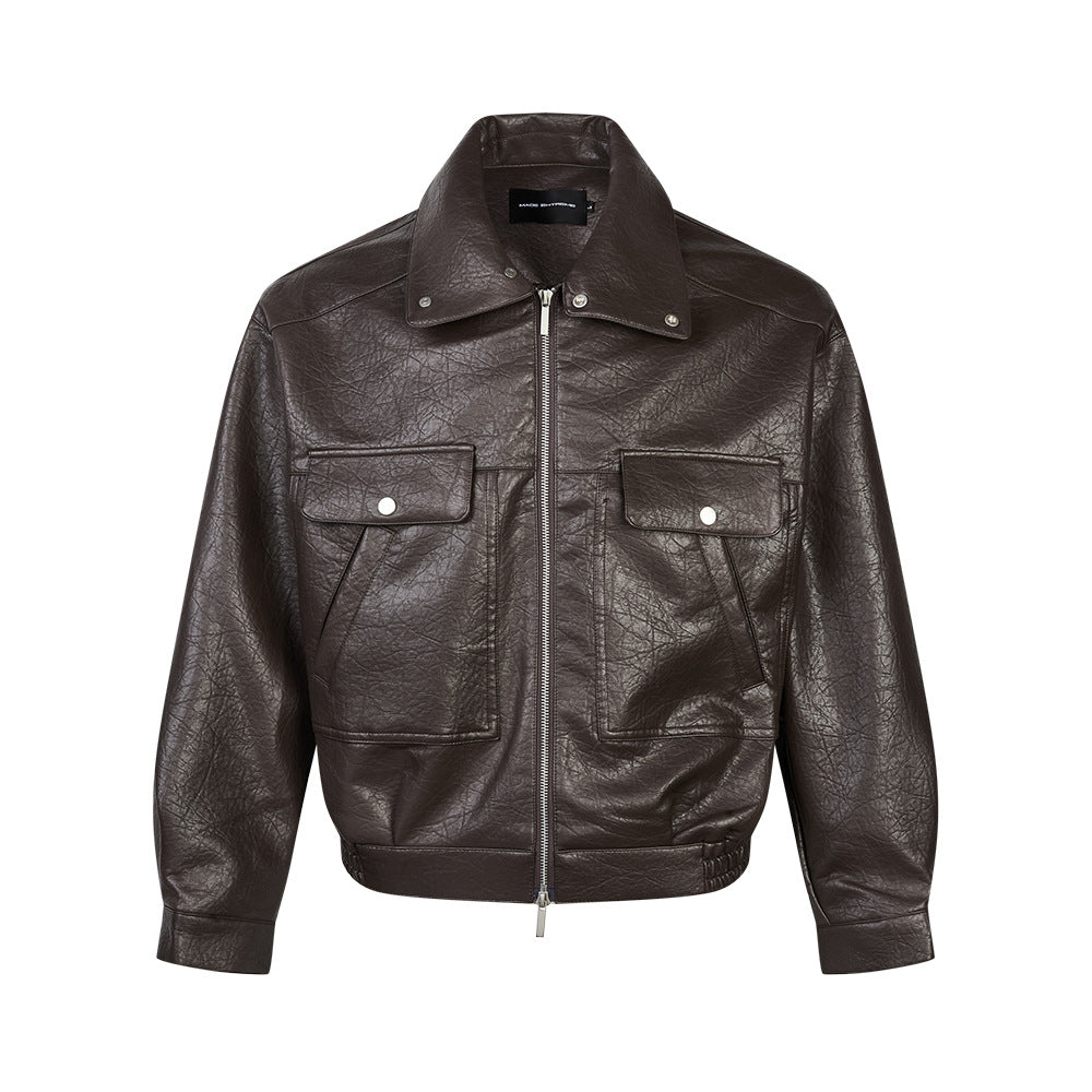 Casual Turn-down Collar Jacket for Men and Women PU Leather with Litchi Pattern