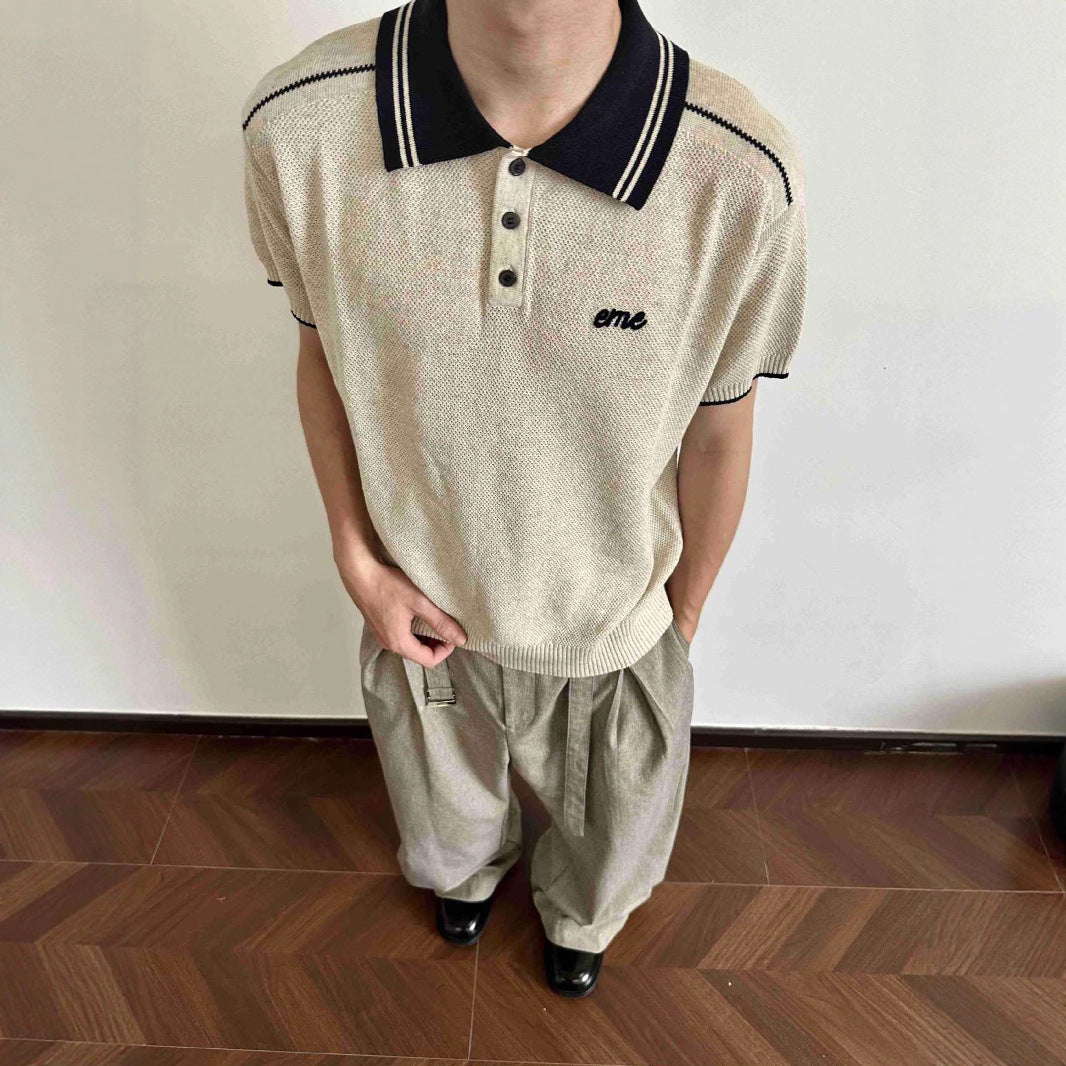 Texture Floral Linen Colorblock Vintage Collar Polo Shirt Knit Short Sleeve