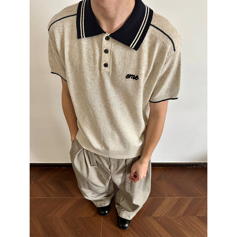 Texture Floral Linen Colorblock Vintage Collar Polo Shirt Knit Short Sleeve