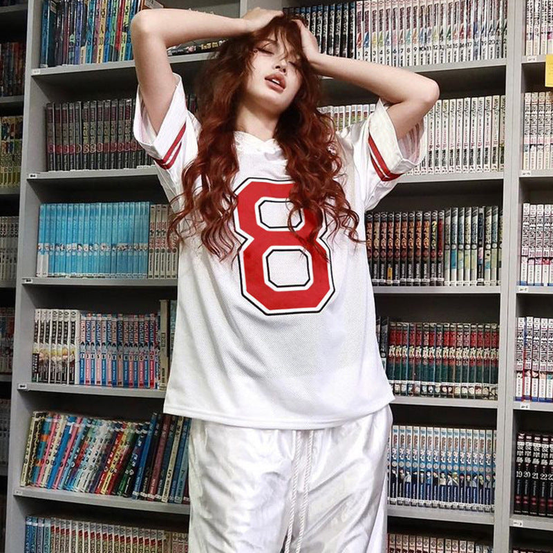 Style Digital Print Loose Color-block Short Sleeve Spicy Girl Trend V-neck Sports Leisure Versatile T-shirt
