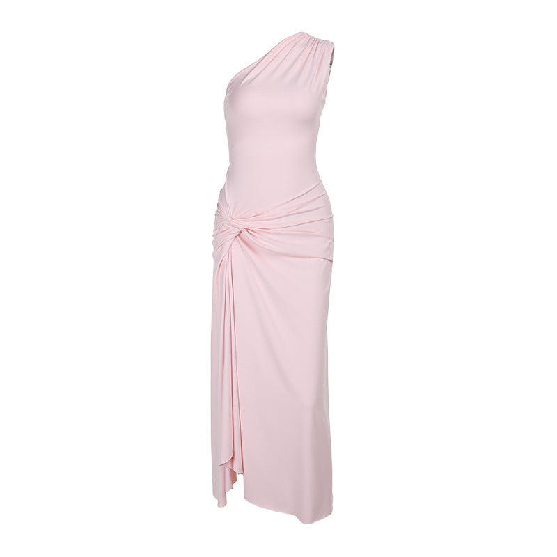 Slanted Collar Single Shoulder Waist Dress With Slit Design