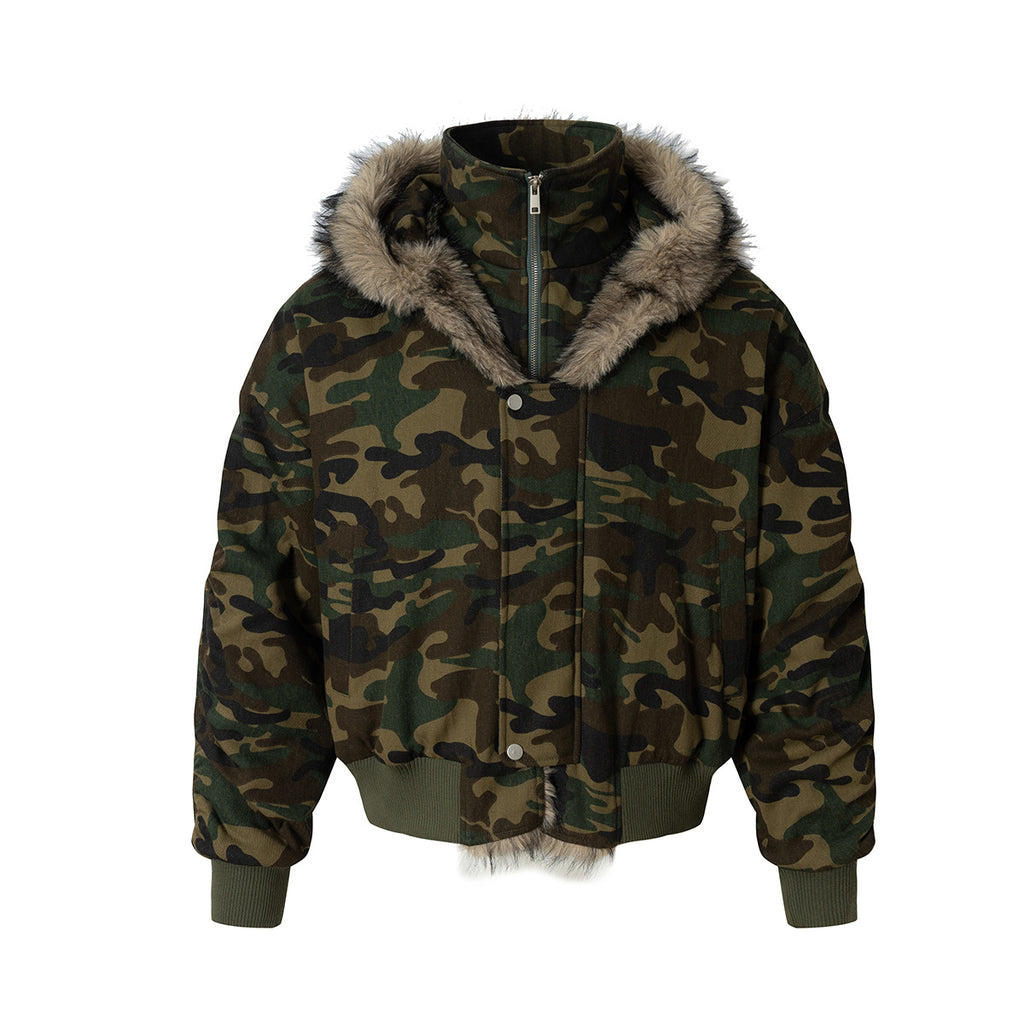 Oversized Camo Fur-Trimmed Winter Coat