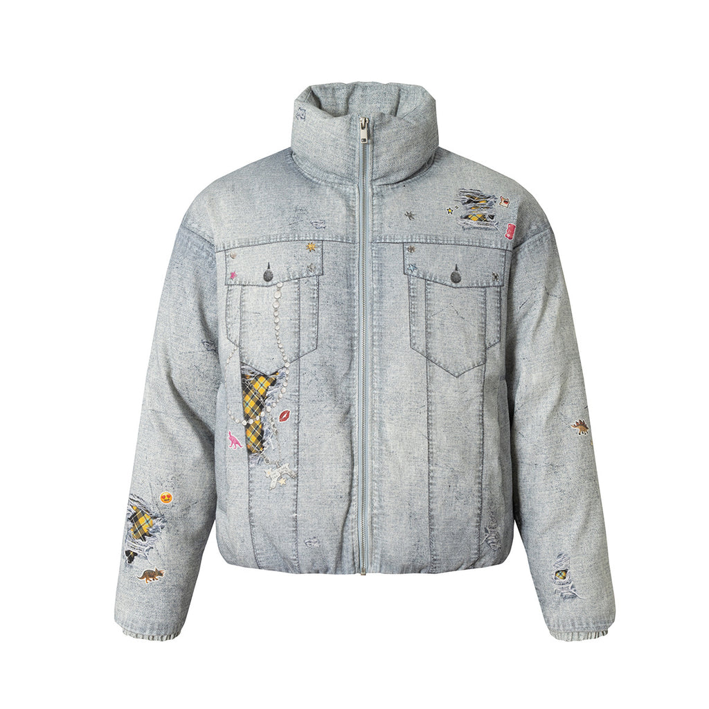 Distressed Denim-Effect Puffer Jacket