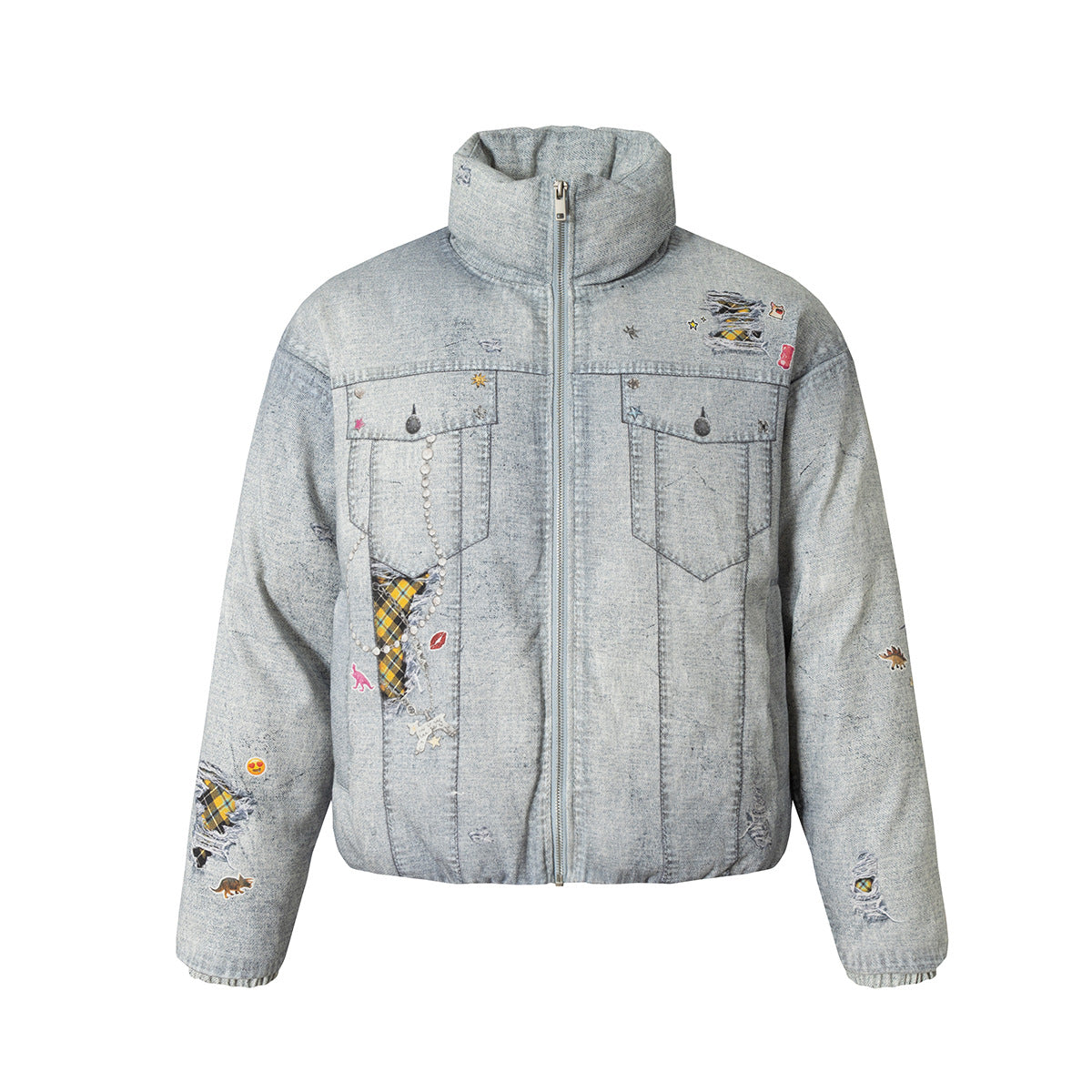 Distressed Denim-Effect Puffer Jacket