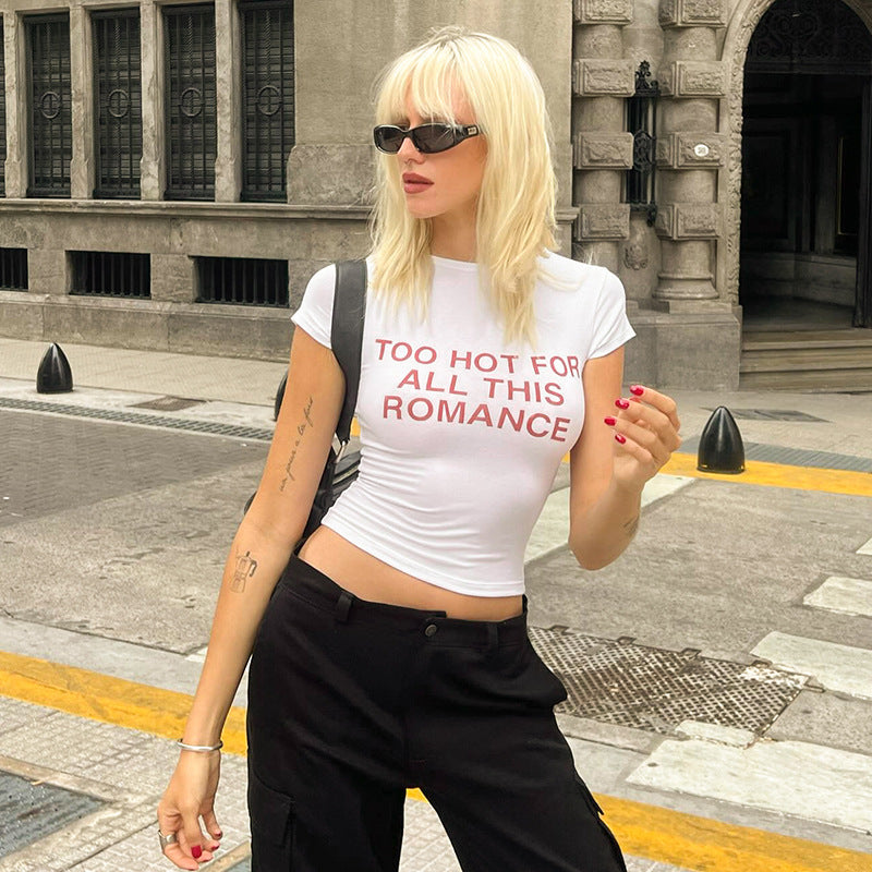 Letter printed round neck pullover short sleeved crop top with exposed navel