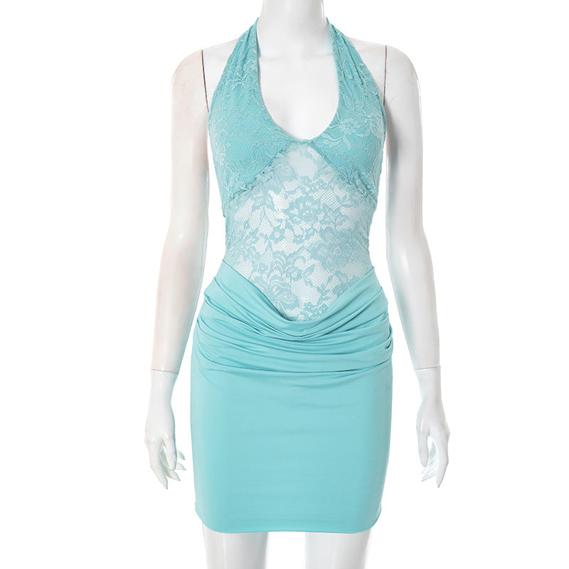 Strap backless lace patchwork dress for women