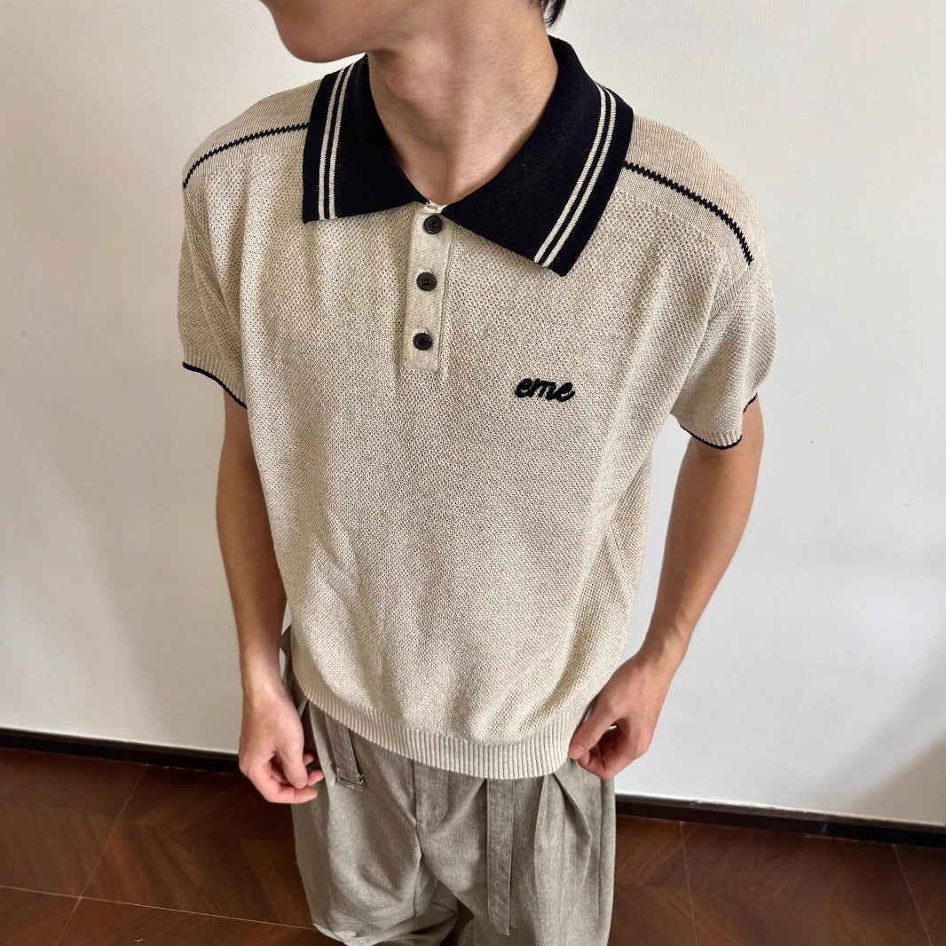 Texture Floral Linen Colorblock Vintage Collar Polo Shirt Knit Short Sleeve