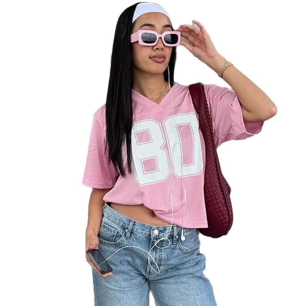 Style Digital Print V-Neck Loose Sports T-Shirt Spicy Girl Quick-Dry Functional Versatile Casual Short Sleeve Top