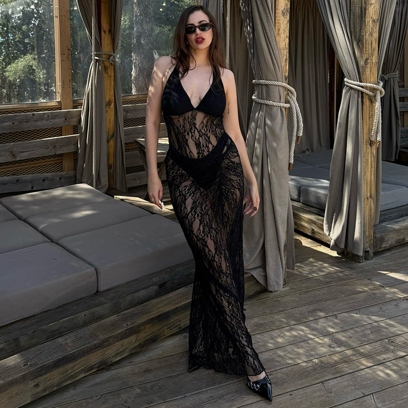 Elegant Lace Backless Slit Dress