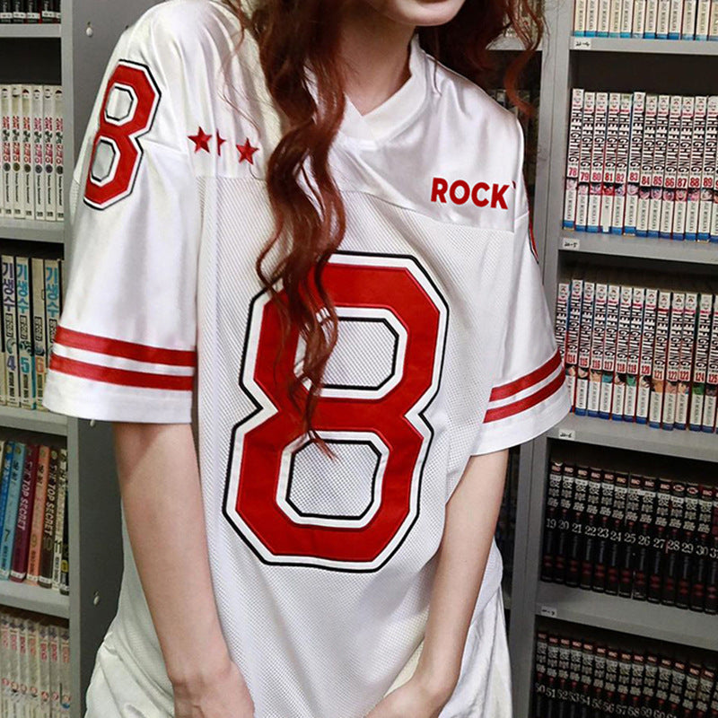 Style Digital Print Loose Color-block Short Sleeve Spicy Girl Trend V-neck Sports Leisure Versatile T-shirt