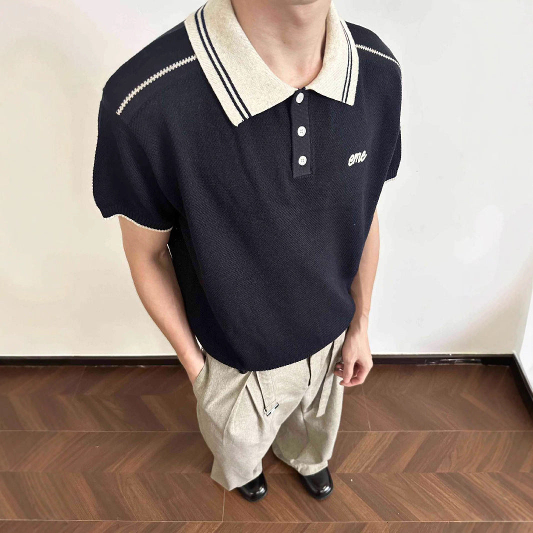 Texture Floral Linen Colorblock Vintage Collar Polo Shirt Knit Short Sleeve