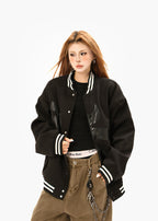 Leather Embroidered Splicing Jacket Coat