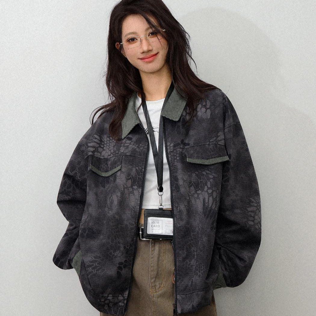 Retro camouflage snake pattern contrasting workwear jacket