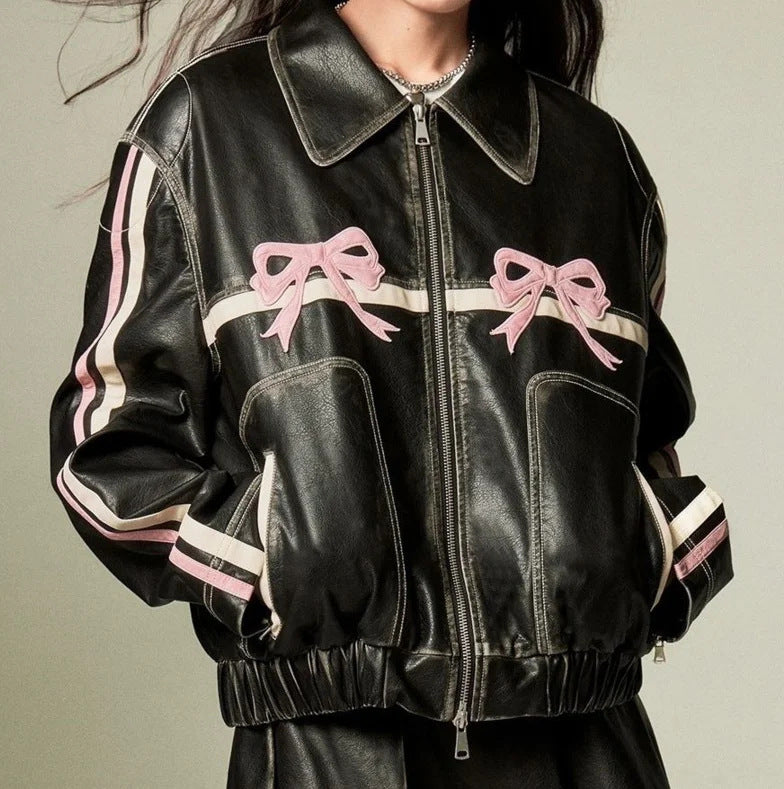 Street Sweet Cool Bow PU Motorcycle Leather Jacket