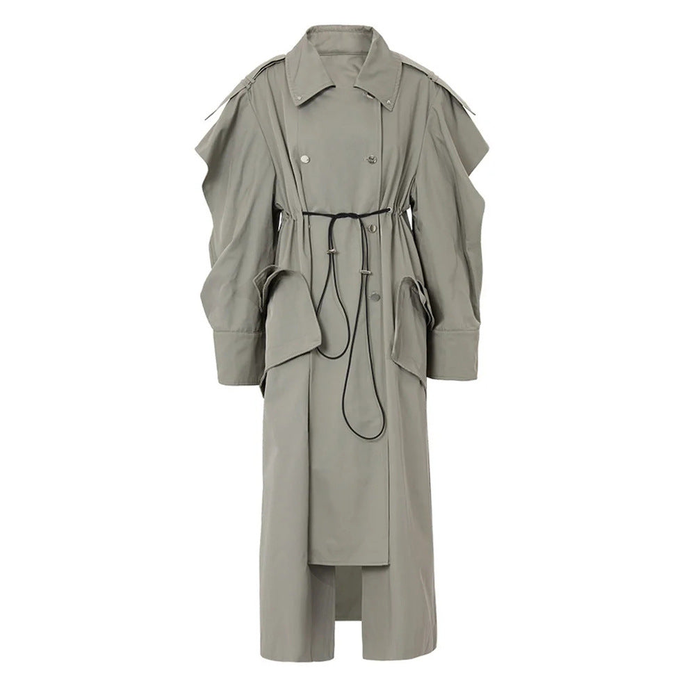 Gray-Green Drawstring Trench Coat