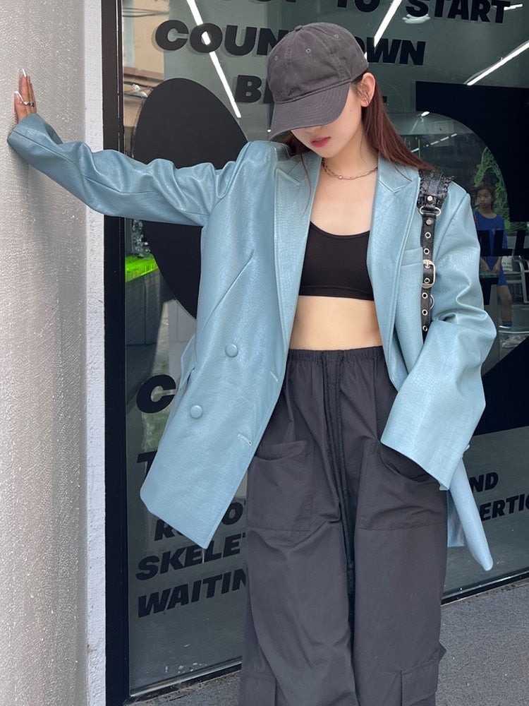 Blue Leather Casual Blazer Jacket