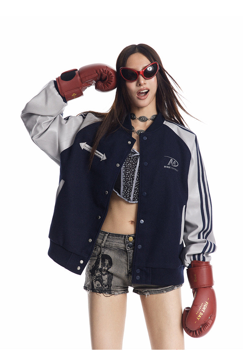 Color Block PU Leather Sleeve Baseball Coat