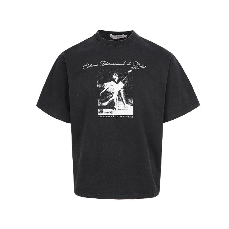 Washed Distressed Printed High Street Fashion Short Sleeve T-Shirt for Men and Women