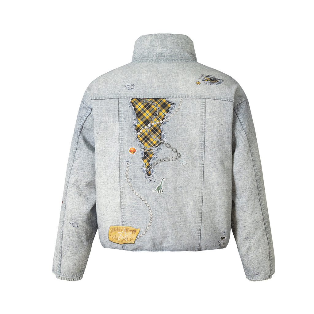 Distressed Denim-Effect Puffer Jacket