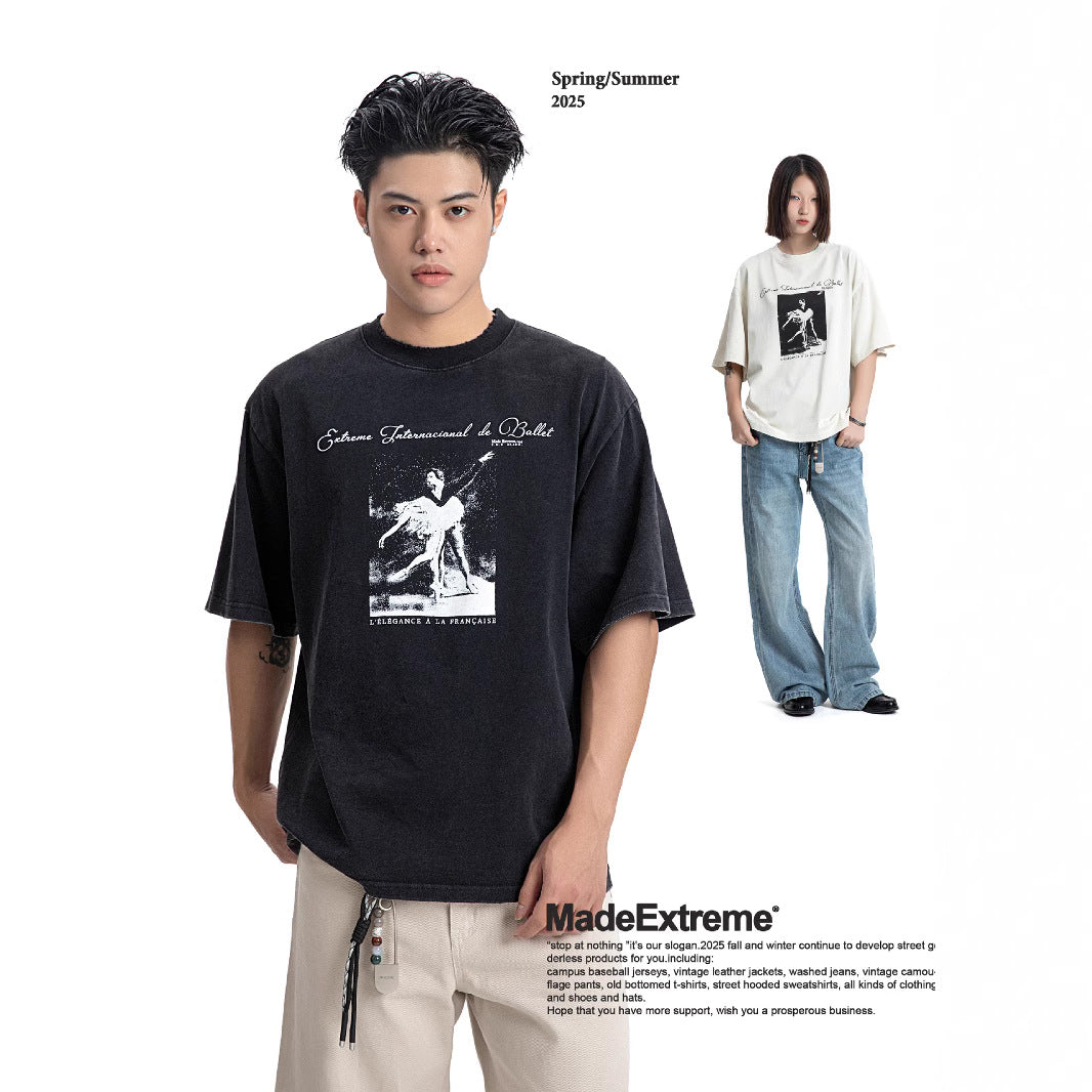 Washed Distressed Printed High Street Fashion Short Sleeve T-Shirt for Men and Women