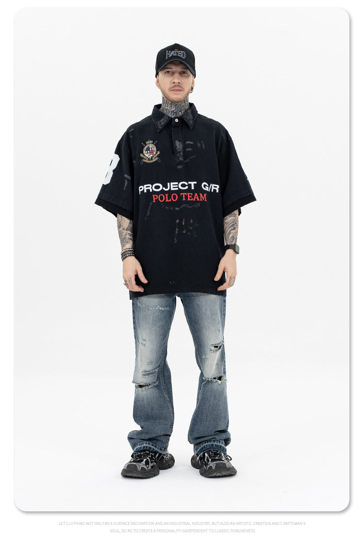 Polo Shirt with Patchwork Badge Letter Embroidery