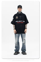 Polo Shirt with Patchwork Badge Letter Embroidery