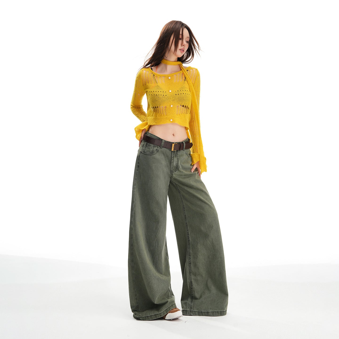 Khaki wide-leg jeans