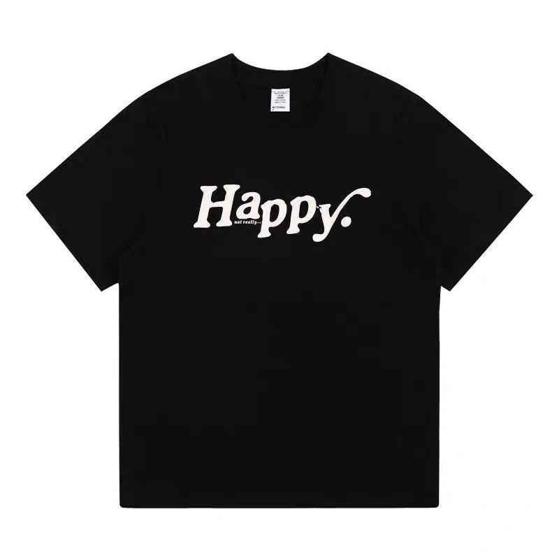 Happy Not Really Minimalist Letter Print Loose Cotton Short Sleeve T-Shirt for Women