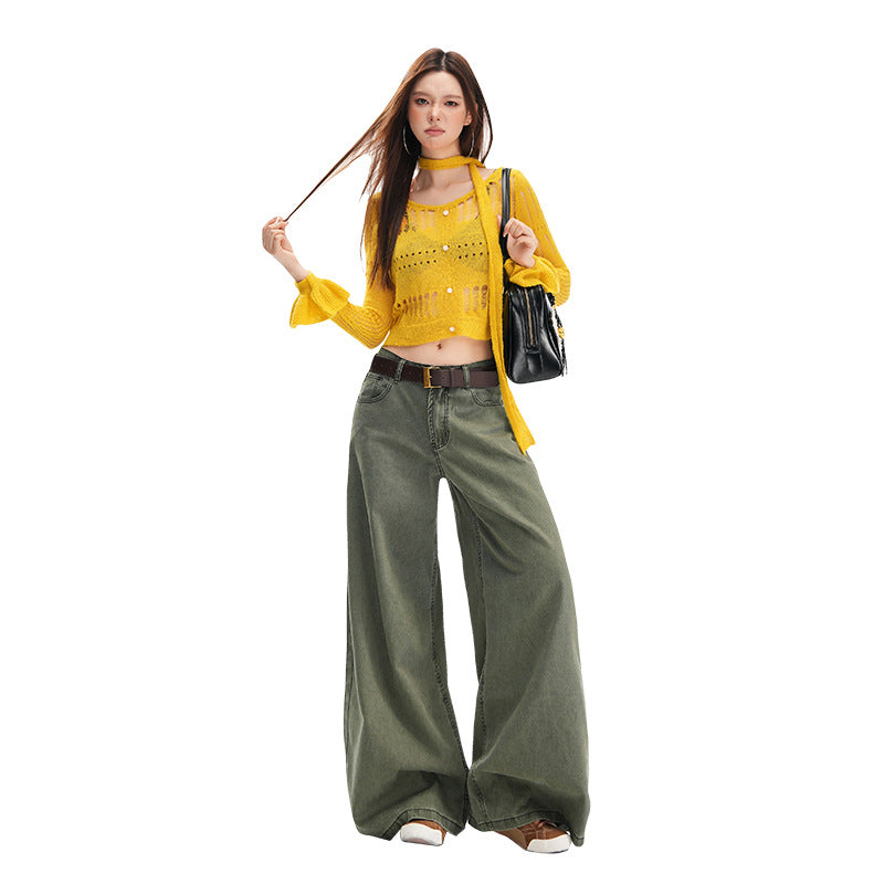 Khaki wide-leg jeans