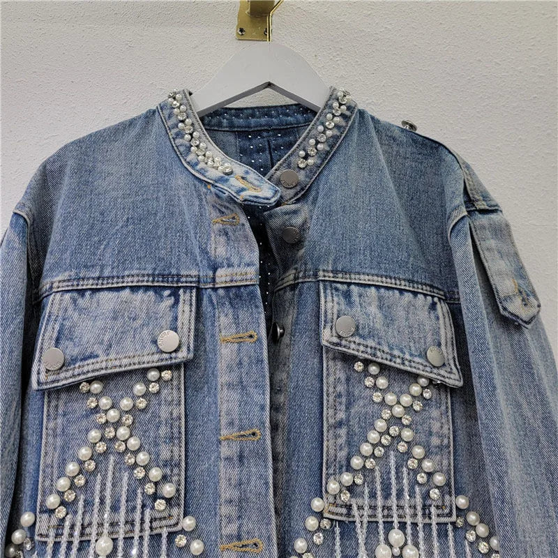 Studded Diamond Fringed Denim Jacket