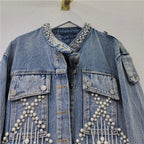 Studded Diamond Fringed Denim Jacket