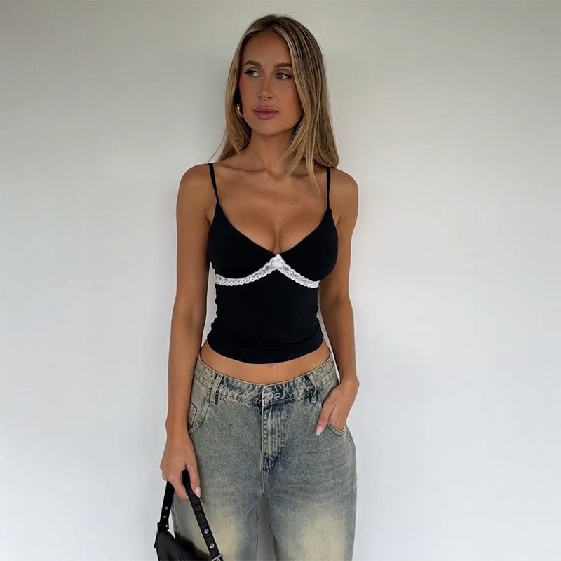 Strap Contrasting Lace Sexy Top