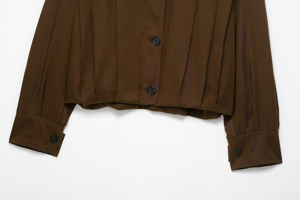 Collared Long Sleeve Pleated Single-Breasted Short Jacket