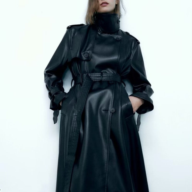 Belted Faux Leather Trench