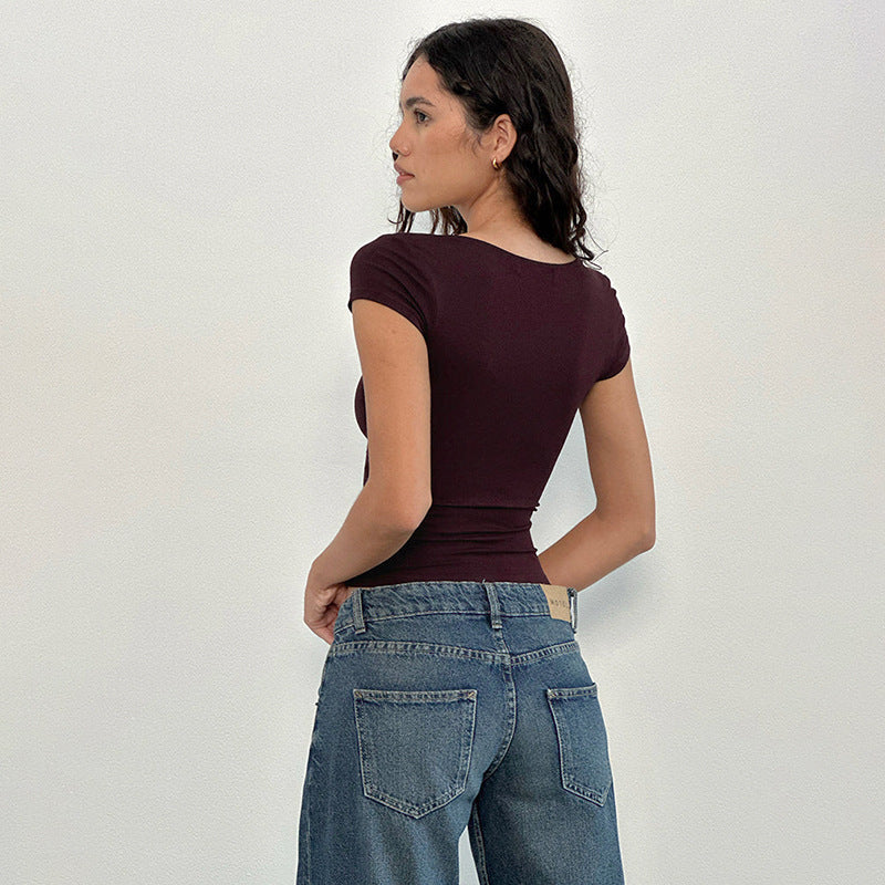 Burgundy Button Detail Crop Top