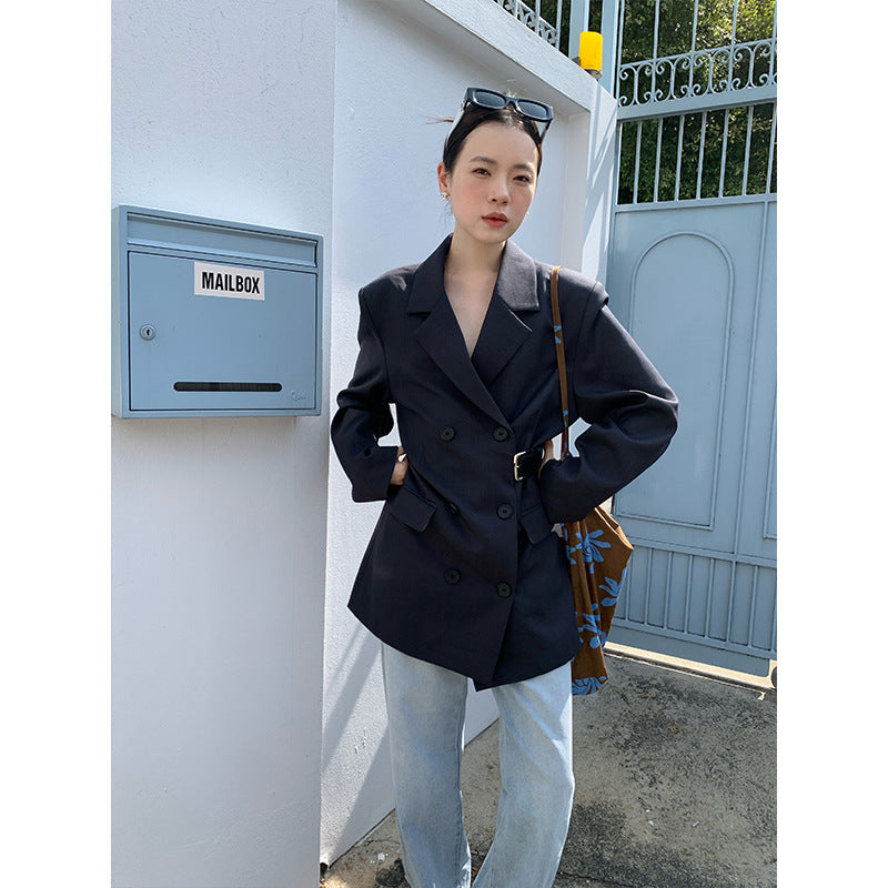 Waist cinched double breasted suit coat 