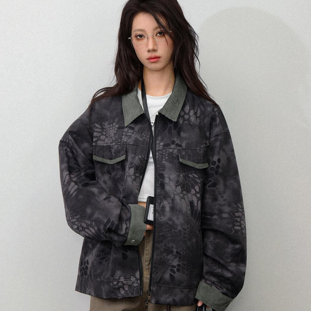 Retro camouflage snake pattern contrasting workwear jacket