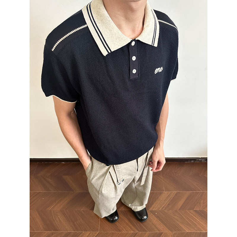 Texture Floral Linen Colorblock Vintage Collar Polo Shirt Knit Short Sleeve