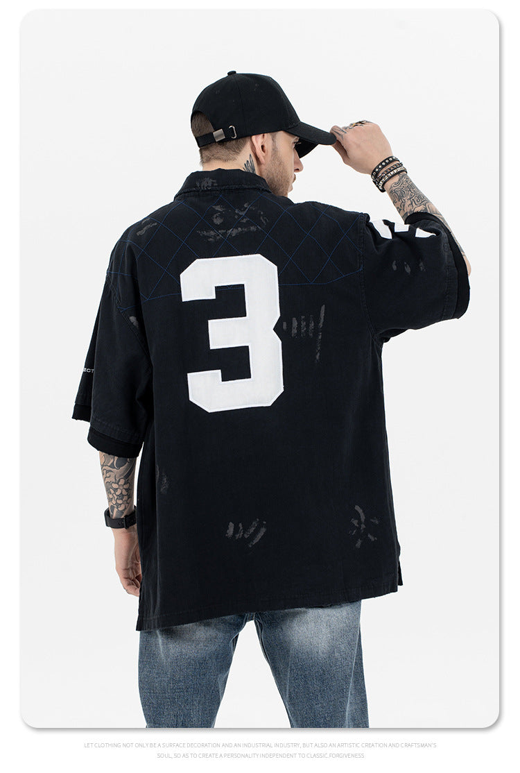 Polo Shirt with Patchwork Badge Letter Embroidery