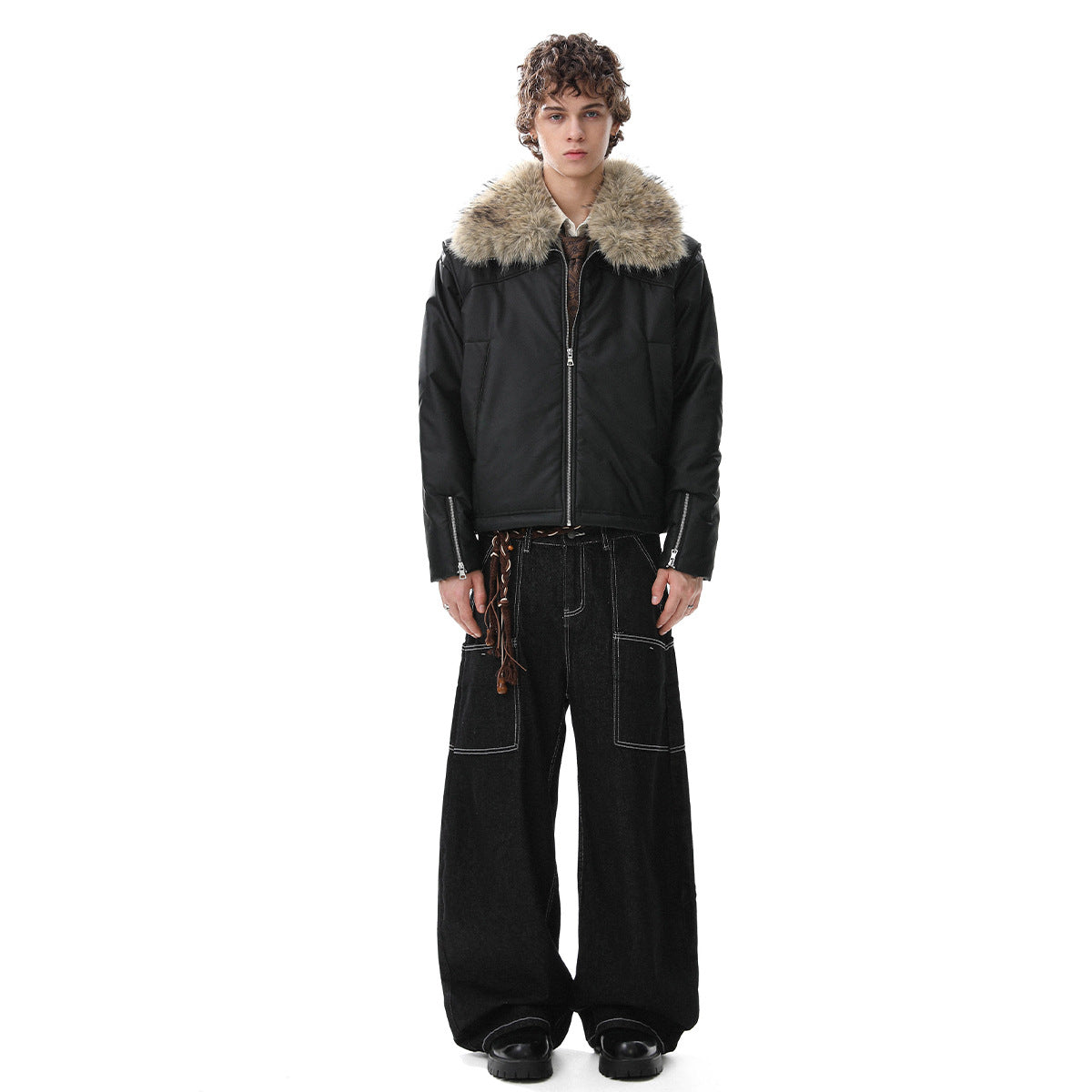 Short Style Leather Fur Collar Jacket