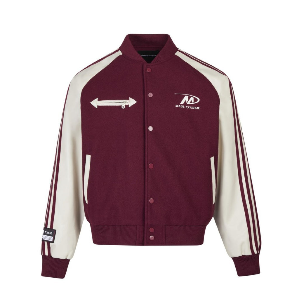 Color Block PU Leather Sleeve Baseball Coat