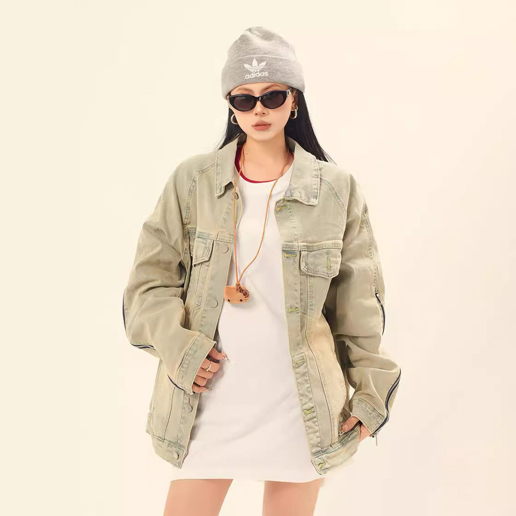 Washed and Worn Solid Color Zipper Denim Jacket