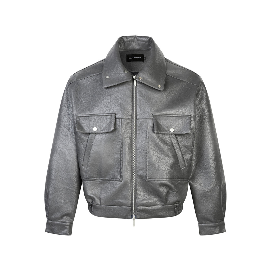 Casual Turn-down Collar Jacket for Men and Women PU Leather with Litchi Pattern