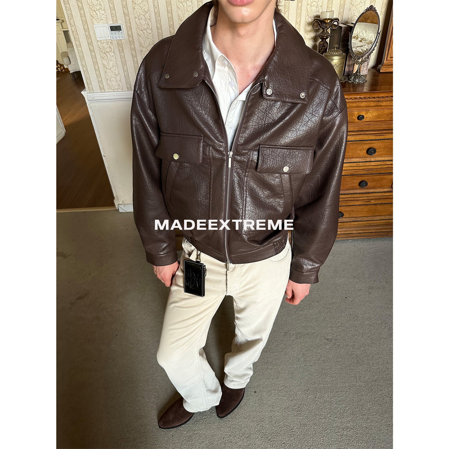 Casual Turn-down Collar Jacket for Men and Women PU Leather with Litchi Pattern