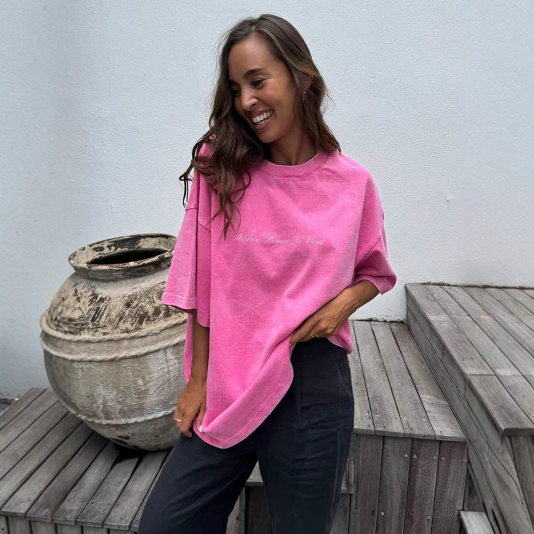 Style INS Trendy Short Sleeve T-Shirt Women Summer New Water Washed Vintage Design Tee Top